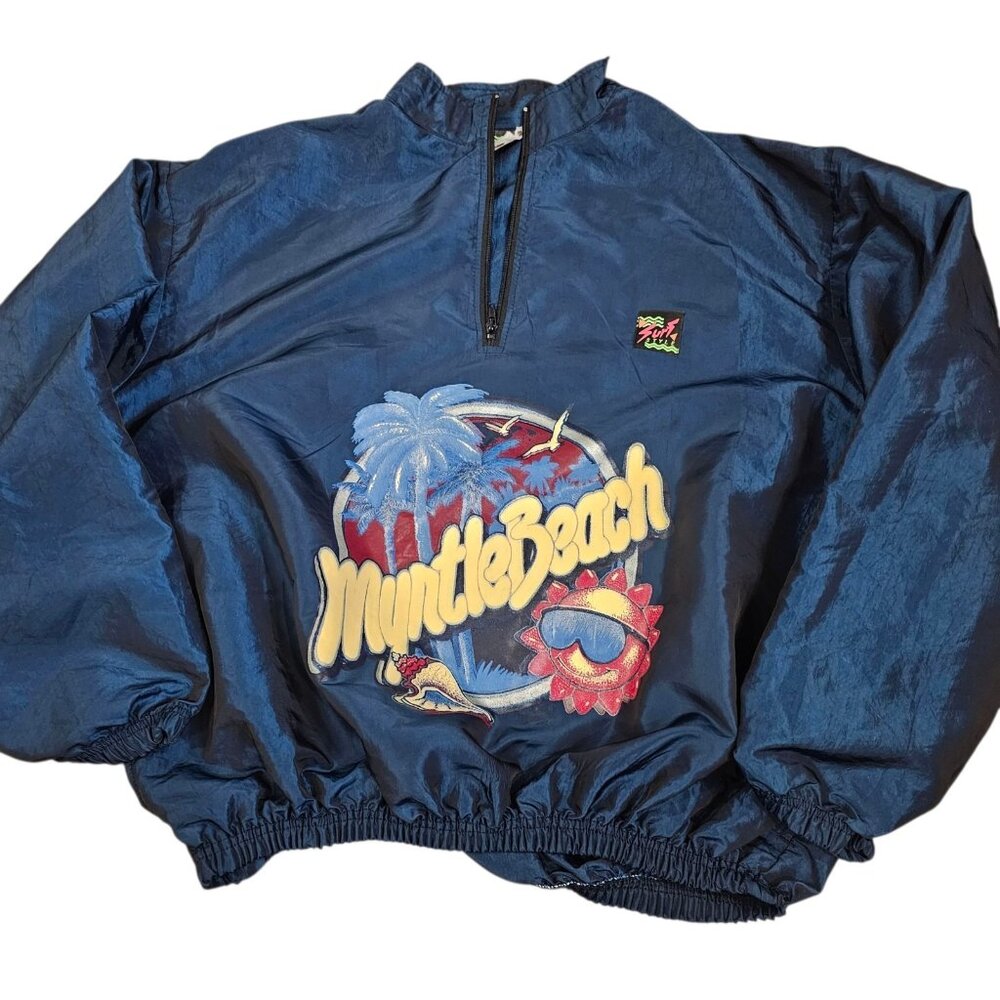 90s Surf Style Windbreaker Pullover Jacket Myrtle Beach‎ Iridescent Blue One Sz